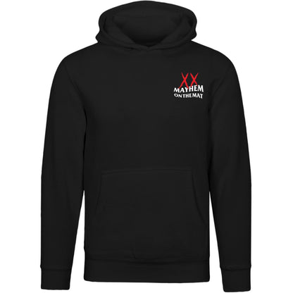 Anti Mayhem Mayhem Club - Black hoodie features a front pouch pocket and showcases a "MAYHEM ON THE MAT" logo in white and red on the chest, capturing the essence of the inner battles encountered in Jiu Jitsu.