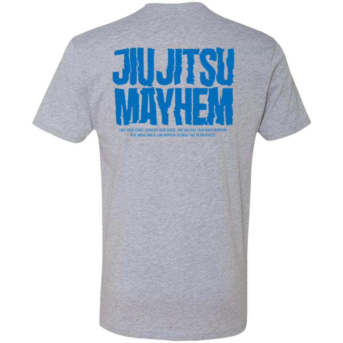 Horror Mayhem - Heather Grey/Blue with "Jiu Jitsu Mayhem" printed in blue on the back, evoking a sense of controlled chaos.
