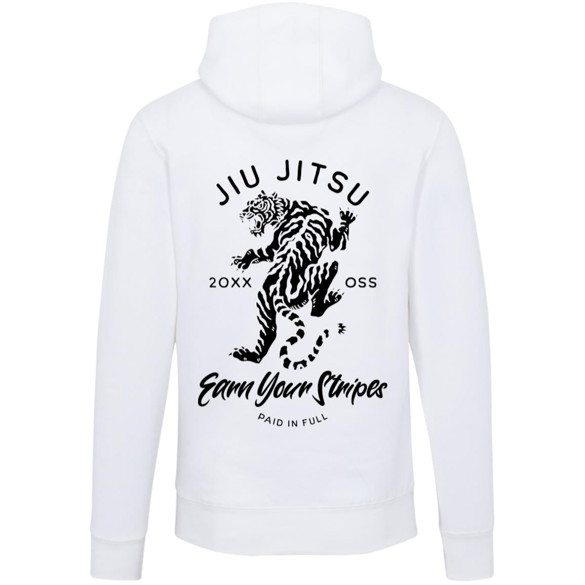 The Earn Your Stripes - White hoodie, showcasing a black illustration of a tiger and the text "Jiu Jitsu, 20XX OSS, Earn Your Stripes, Paid in Full" on the back, inspires warriors to embrace hard work.