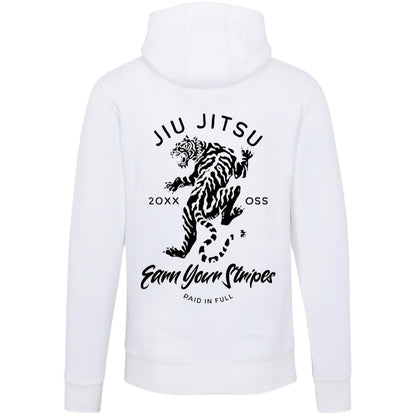 The Earn Your Stripes - White hoodie, showcasing a black illustration of a tiger and the text "Jiu Jitsu, 20XX OSS, Earn Your Stripes, Paid in Full" on the back, inspires warriors to embrace hard work.