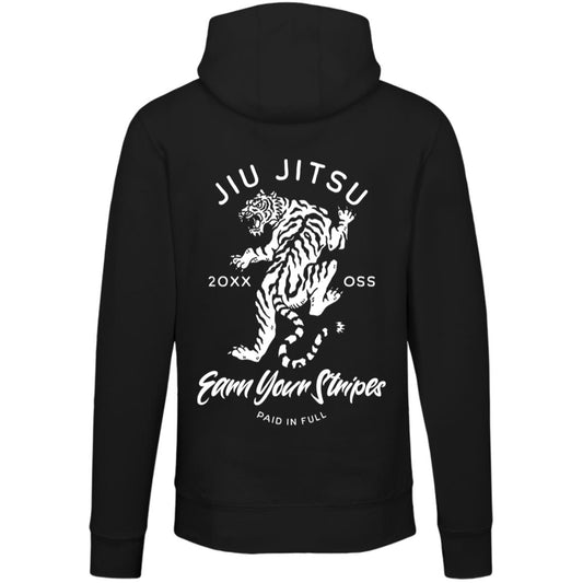 Discover the "Earn Your Stripes - Black" hoodie, showcasing a striking white tiger design and bold text on the back that reads "Jiu Jitsu, 20XX OSS, Earn Your Stripes, Paid in Full"—a standout piece for authentic warriors.