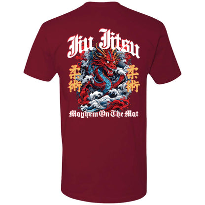 A Mat Dragon - Cardinal Red T-shirt with the words "Jiu Jitsu" at the top, an illustration of a dragon in the center, and the words "Mayhem on The Mat Dragon" at the bottom. Asian characters are also present near the dragon.