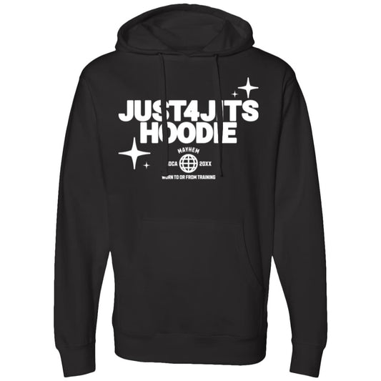 JUST4JITS Hoodie - Black with white text graphics on the front, designed for TRAINING.