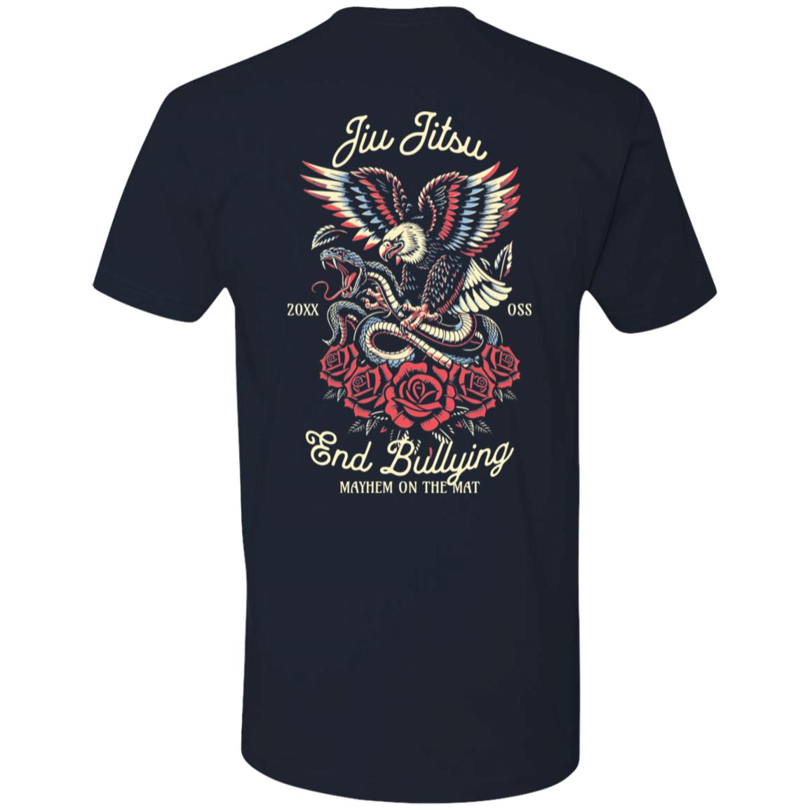 The "End Bullying - Navy" t-shirt features a back graphic of an eagle and a snake, surrounded by red roses, with the text "Jiu Jitsu, End Bullying, Mayhem on the Mat" between "20XX" and "OSS".