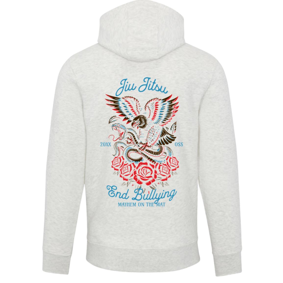 Introducing the "End Bullying - Oatmeal Grey" hoodie, showcasing bold "Jiu Jitsu" text alongside an eagle and snake design with rose embellishments. The back features a compelling "End Bullying" message—take a stand against intimidation and fight oppression.