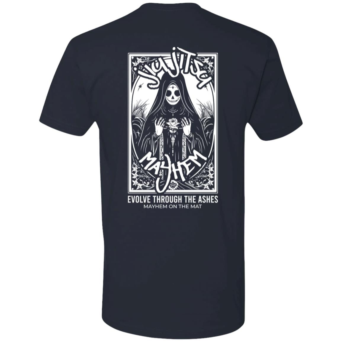 Introducing the "Rose Of Rebirth - Indigo Blue," an indigo blue T-shirt featuring a skeleton figure holding a lantern. The design includes the text "Youth Mayhem" above and the messages "Evolve Through The Ashes" and "Mayhem On The Mat" below, symbolizing mental health transformation with the Rose of Rebirth motif.