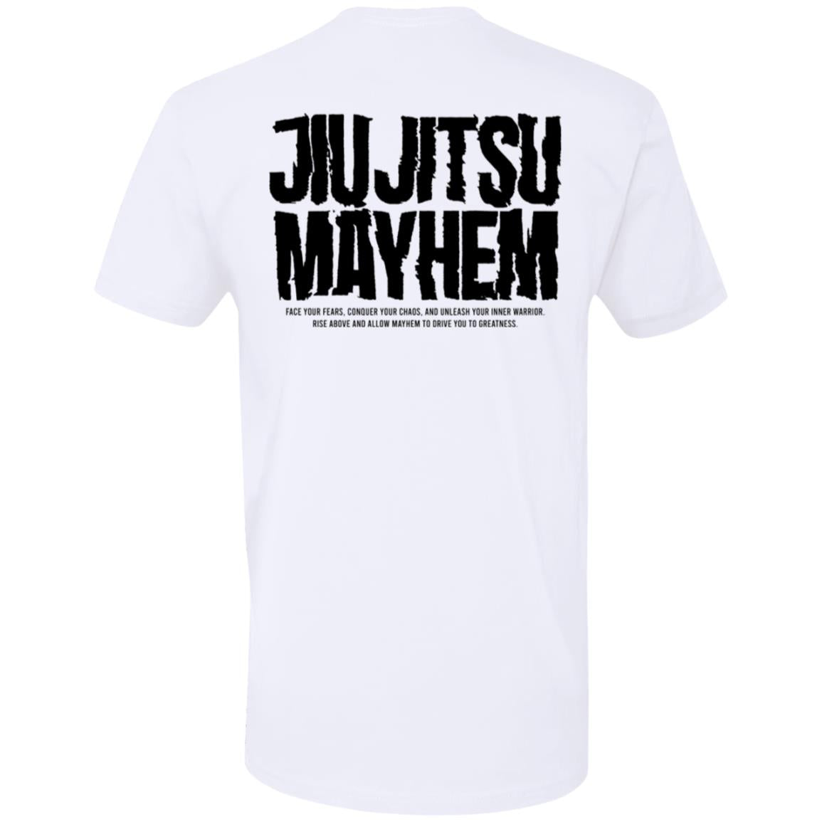 Back of a white t-shirt with bold black text that reads "Horror Mayhem - White." Below it, smaller text reads: "Face your fears. Conquer your goals. Awaken your inner warrior and rise above the mayhem. Allow nothing to keep you from greatness.