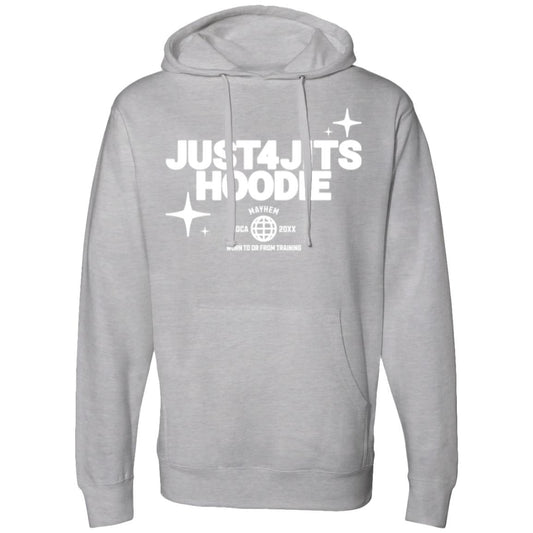 Heather grey JUST4JITS Hoodie with text and "JUST4JITS" star graphics on the front, perfect for training.