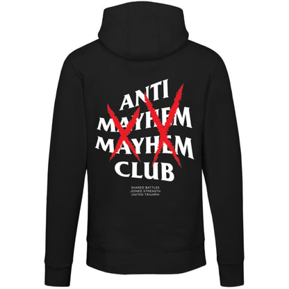 Product Description: The "Anti Mayhem Mayhem Club - Black" hoodie features bold white text reading "ANTI MAYHEM CLUB," creatively crossed out with striking red lines representing inner conflicts and mental battles. At the bottom, smaller white text emphasizes shared struggles and collective strength. Ideal for individuals who draw resilience from Jiu Jitsu or conquering life's chaos together.