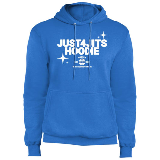 JUST4JITS Hoodie in Royal Blue with white text "JUST4JITS just a jiu jitsu hoodie" graphic design, ideal for martial arts training.