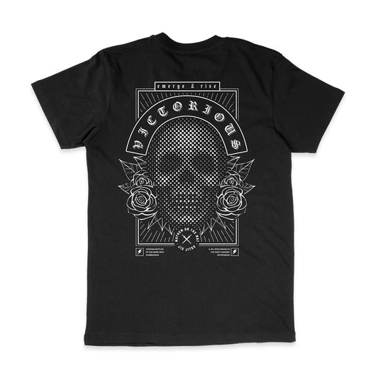 Emerge Victorious - Black, a t-shirt featuring a skull design, symbolizing triumph over adversity in the world of Jiu Jitsu.