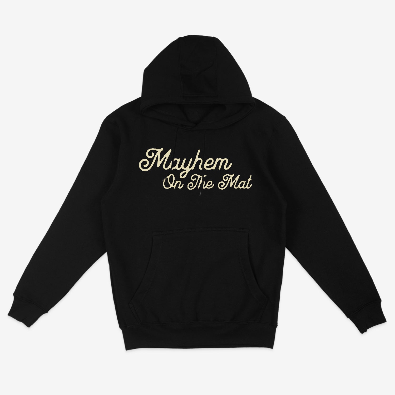 Black "End Bullying" hoodie with the gold text "Mayhem On The Mat" boldly emblazoned across the chest, embodying a sense of strength and intimidation.