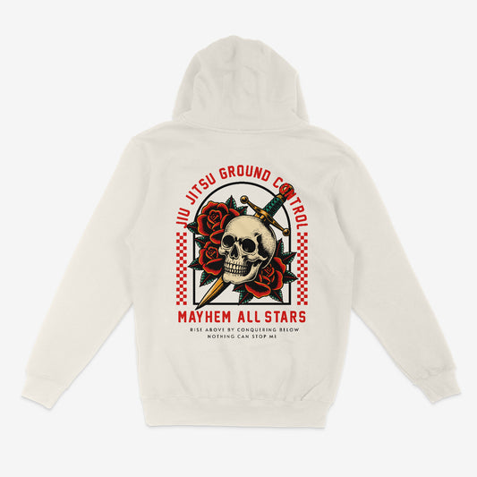 Experience the spirit of True Mastery woven into the design of the Jiu Jitsu Ground Control - Bone hoodie. This white hoodie features bold skull, rose, and sword imagery, accompanied by text celebrating Mayhem All Stars and Jiu Jitsu Ground Control—a perfect blend for those who seek to rise above challenges and fight smart.