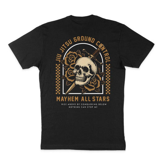 Jiu Jitsu Ground Control - Black featuring a skull with roses, swords, and checkered pattern. Text reads, "Jiu Jitsu Ground Control Mayhem All Stars. Rise above by conquering below. Nothing can stop me." Perfect for martial arts enthusiasts looking to make a bold statement.