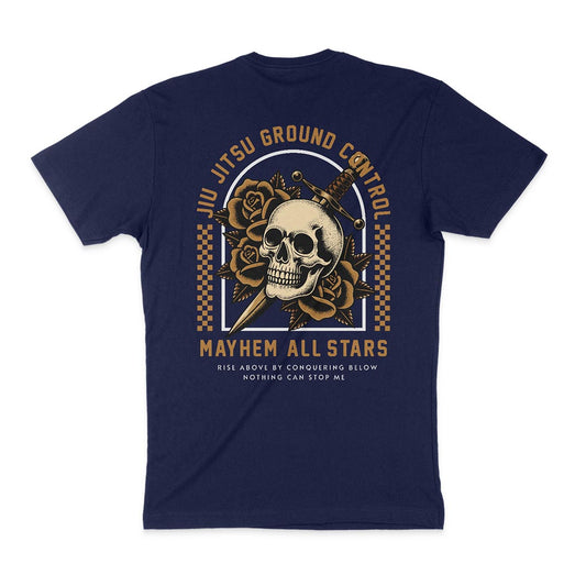 Jiu Jitsu Ground Control - Navy featuring an intricate design on the back with a skull, dagger, and roses. The text reads "Jiu Jitsu Ground Control" and "Mayhem All Stars," symbolizing strength and mastery.