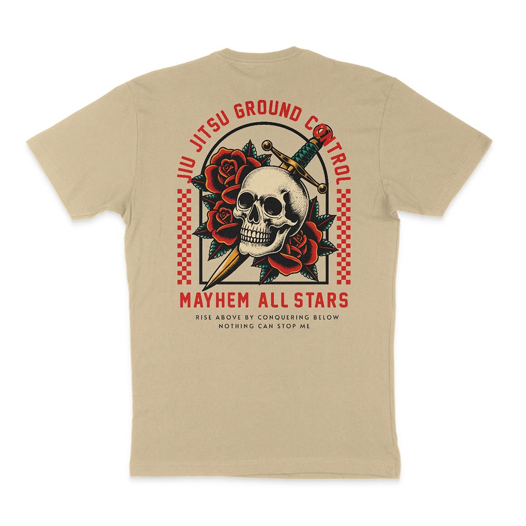 Beige t-shirt with a graphic design of a skull with a dagger, roses, and red checkerboard pattern. Text reads: "Jiu Jitsu Ground Control", "Mayhem All Stars", and "Nothing Can Stop Me". Perfect for martial arts enthusiasts embracing the fighting spirit. Product Name: **Jiu Jitsu Ground Control - Sand**