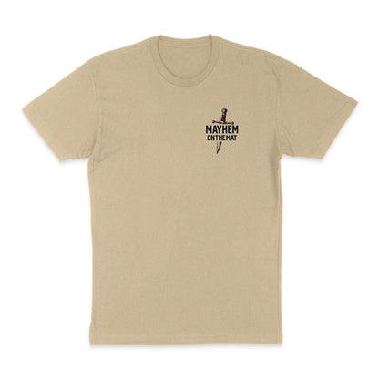 Beige t-shirt with "Jiu Jitsu Ground Control - Sand" and a knife graphic printed on the left chest area, perfect for Jiu Jitsu enthusiasts.