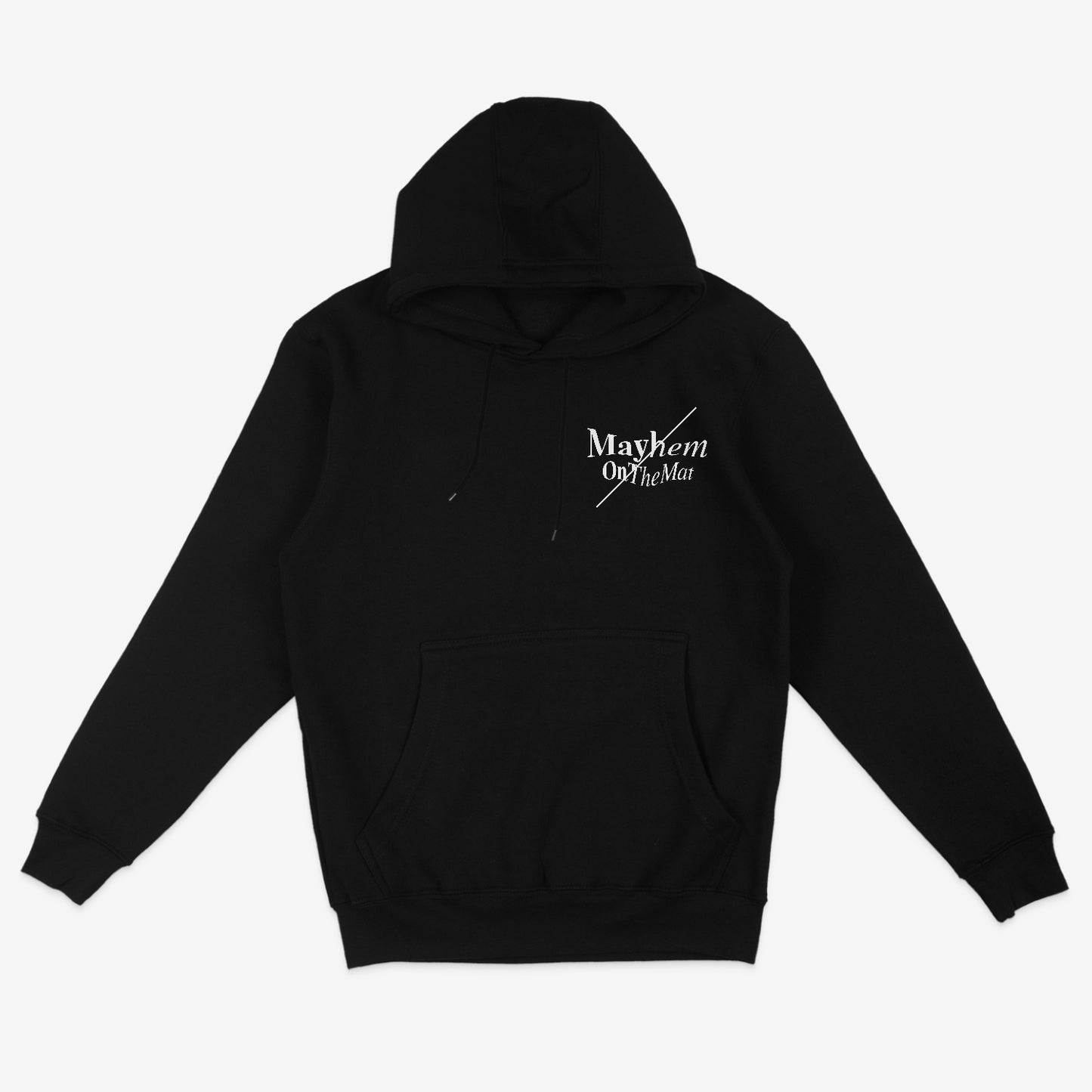 Black "Master The Mayhem" hoodie with the phrase printed in white on the left chest area.