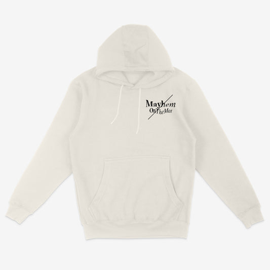 Bone hoodie with a front pocket, featuring the text "Master the Mayhem" on the left chest.