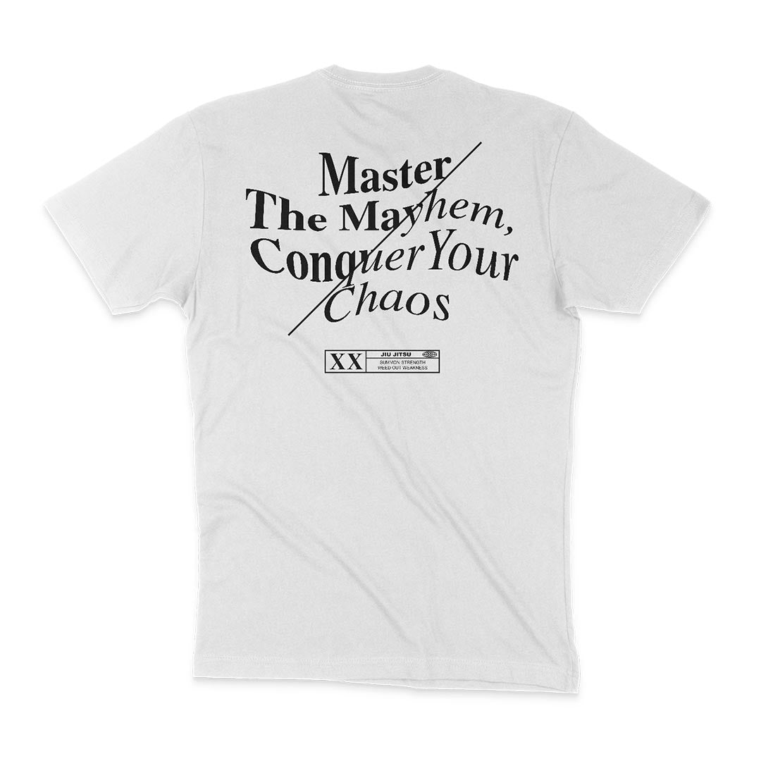 Master The Mayhem / Conquer Your Chaos - White with black text on the back reading "Master the Mayhem, Conquer Your Chaos" and a small rectangular box with additional text at the bottom. Elevate your style while you conquer your chaos in every way.