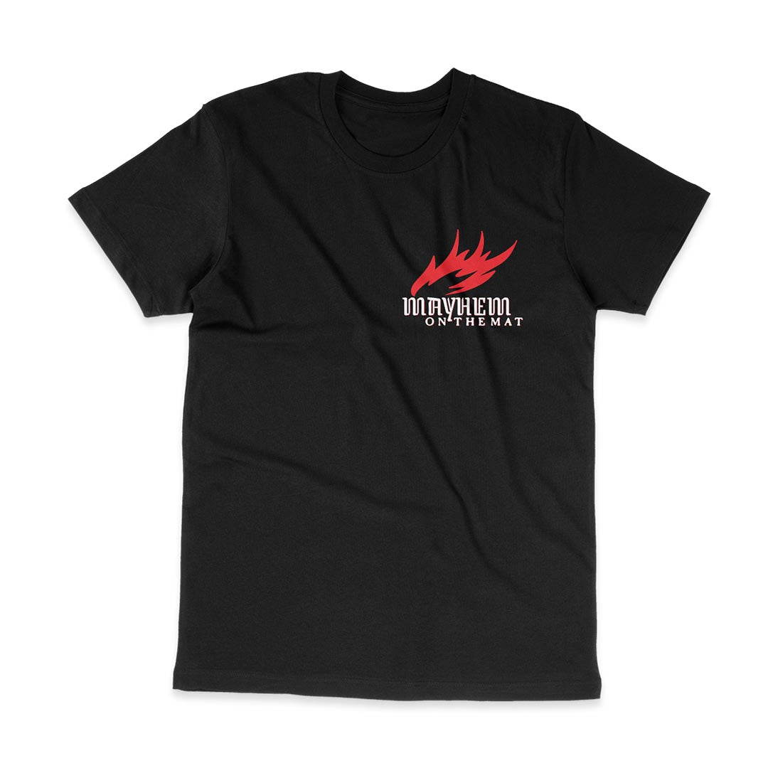 The "Mayhem Makers - Black" t-shirt showcases a striking red flame graphic alongside the bold text "MAYHEM ON THE MAT" on the front, capturing the essence of creativity and agility that defines Jiu Jitsu.