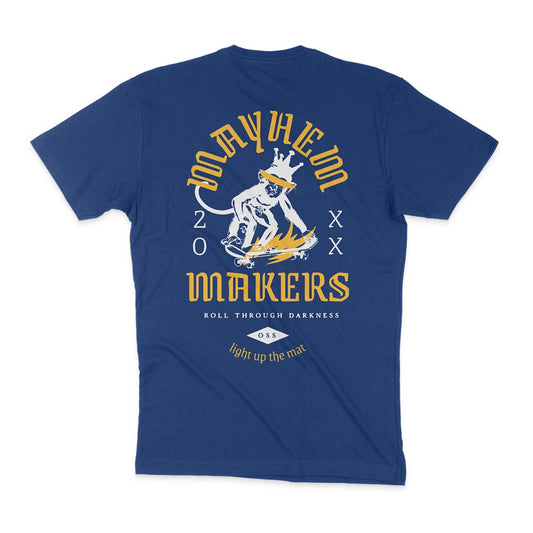 A Mayhem Makers - Royal t-shirt with a gold monkey on it, displaying intensity.