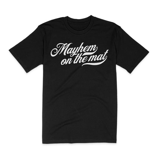 A Cola Script - Black t-shirt with a stylish design that says "Mayhem on the Mat.