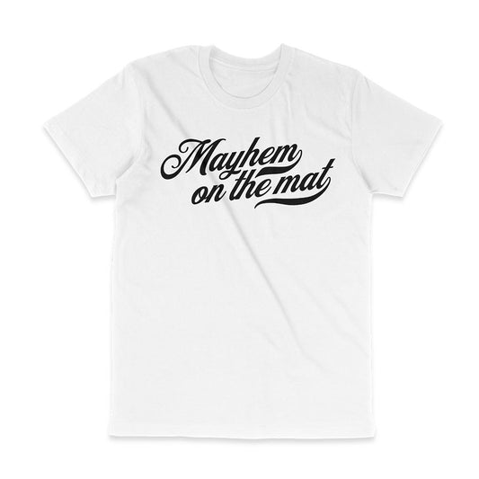 A stylish Cola Script - White t-shirt featuring the phrase "Mayhem on the Mat" with a Jiu Jitsu twist.