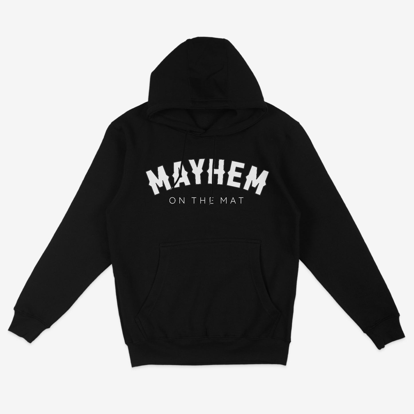 Whether you're an official member or not, the "Rocker - Black" hoodie with its front pocket will make you feel like part of the "Mayhem On The Mat" crew. Its bold white lettering stands out strikingly against the sleek black fabric, all set on a plain white backdrop.