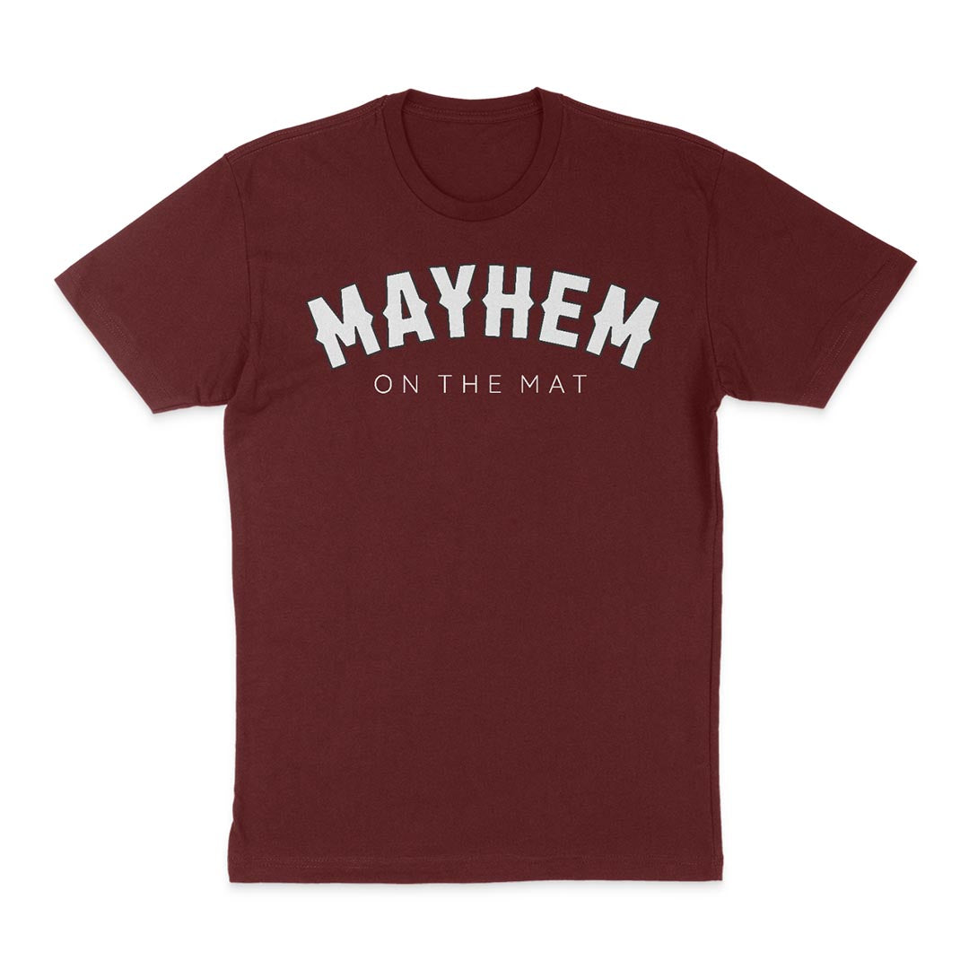 Mayhem on the mat tee featuring the Rocker - Maroon logo.