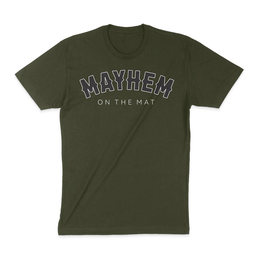 Mayhem on the Rocker - Military Green tee, featuring a rocker logo and showcasing the commitment of Jiu Jitsu enthusiasts.