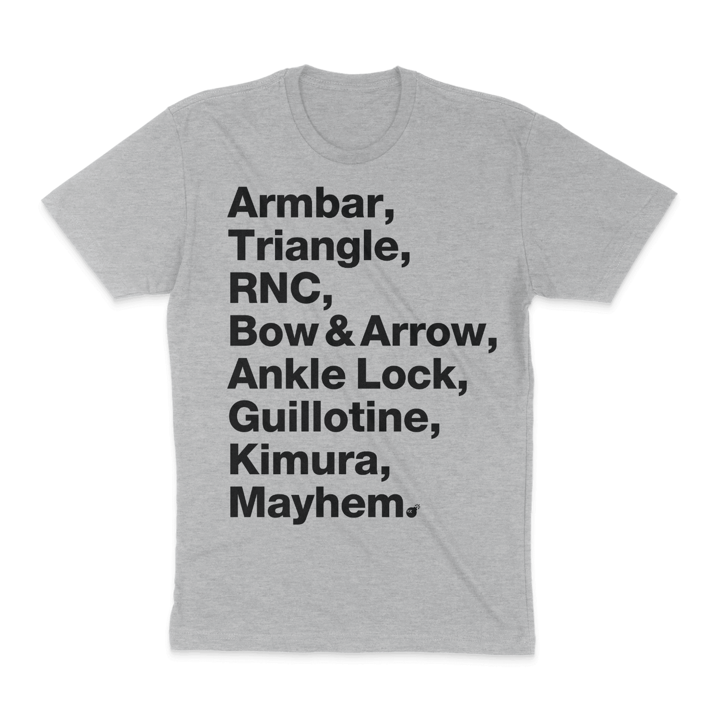 A Submission Showdown - Heather Grey t-shirt featuring the keywords armbar and triangle, representing the powerful submissions often used in this martial art.