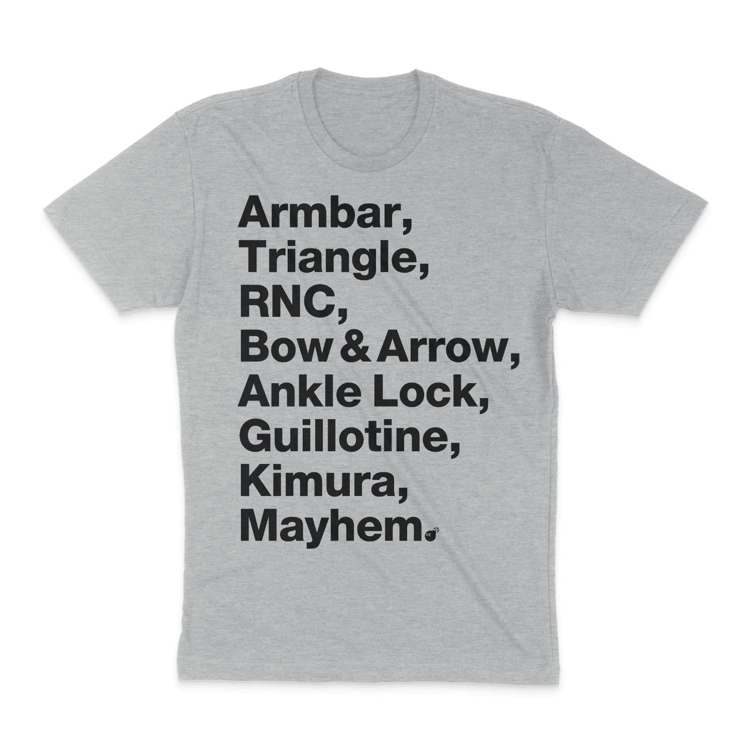 A Submission Showdown - Heather Grey t-shirt featuring the keywords armbar and triangle, representing the powerful submissions often used in this martial art.