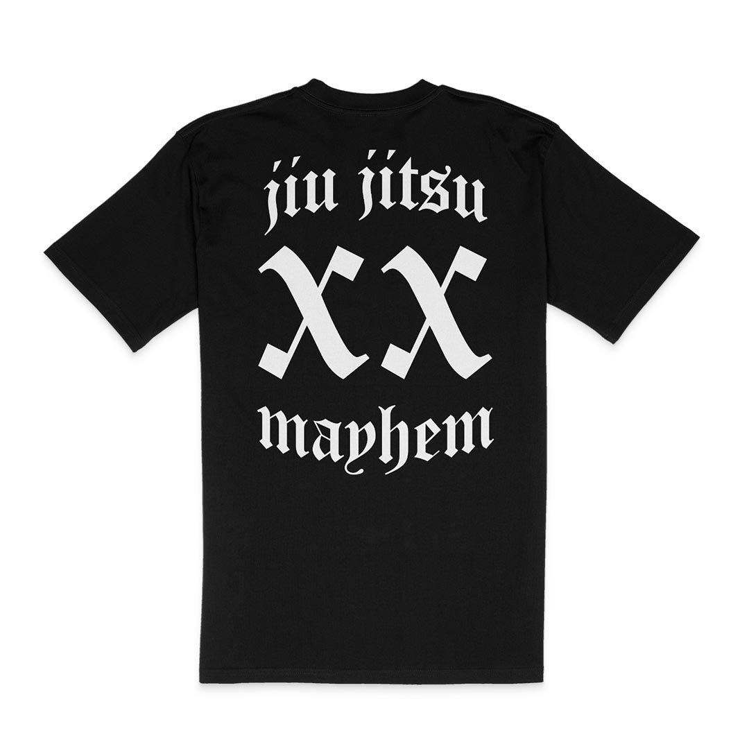 Team Mayhem - Black T-shirt features "Jiu Jitsu XX Mayhem" in white Gothic font on the back, ideal for embracing the Jiu Jitsu lifestyle and supporting Team Mayhem.