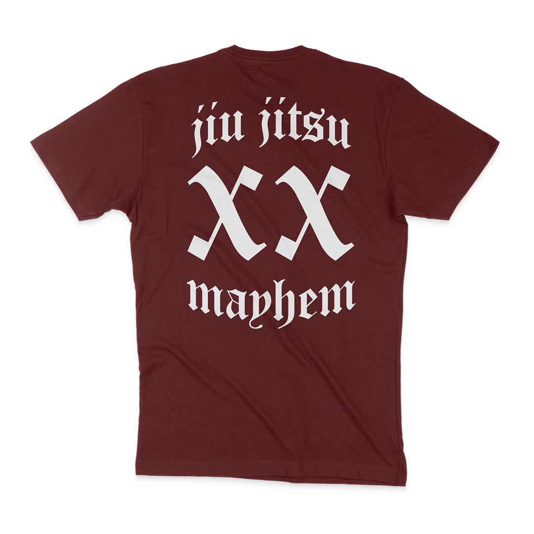 Team Mayhem - Maroon t-shirt featuring the word jiu jitsu.