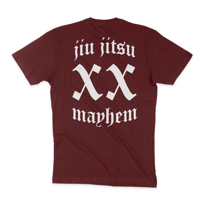 Team Mayhem - Maroon t-shirt featuring the word jiu jitsu.