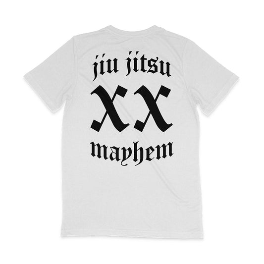A Team Mayhem - White t-shirt featuring the phrase "Jiu Jitsu Mayhem", perfect for jiu jitsu enthusiasts looking for stylish apparel.