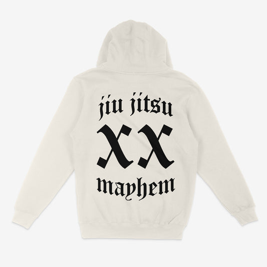 The "Team Mayhem - Bone" hoodie embodies the Jiu Jitsu lifestyle, showcasing "Jiu Jitsu Mayhem" with a striking "XX" boldly printed in black on the back. Ideal for any Team Mayhem member, this piece makes a statement of style and passion.