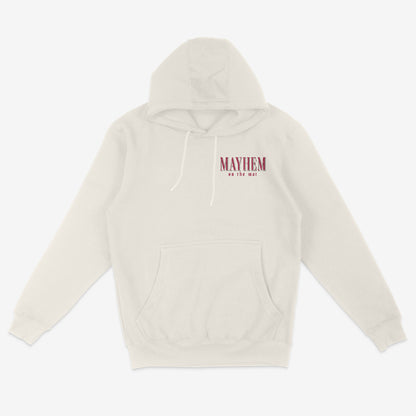 Introducing "The Beast Is Only Imagined - Bone" hooded sweatshirt, showcasing "MAYHEM at the mat" text in striking red on the left chest to evoke an imagined intensity. This beige sweatshirt features a convenient front pocket and stylish white drawstrings.