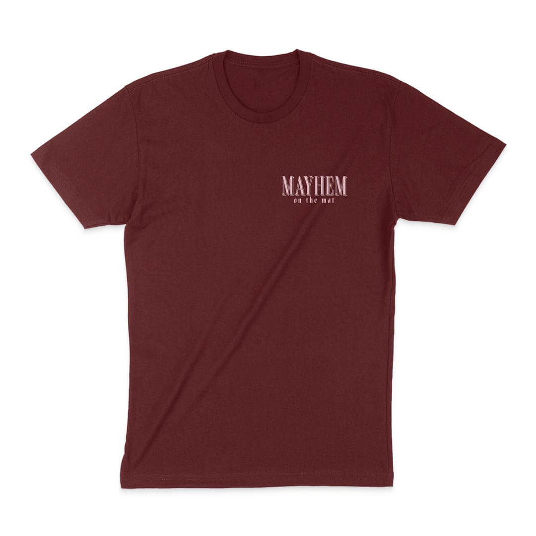 A maroon short-sleeve T-shirt featuring the text "MAYHEM on the mat" in white on the left chest area. Fear not, **The Beast Is Only Imagined - Maroon** description captures every detail you need to unleash your imagined beast.